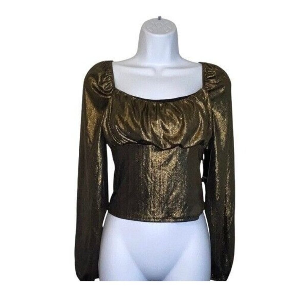 NEW! Free Press Crop Top Long Sleeve Black Gold Peasant Shimmering Women's Small